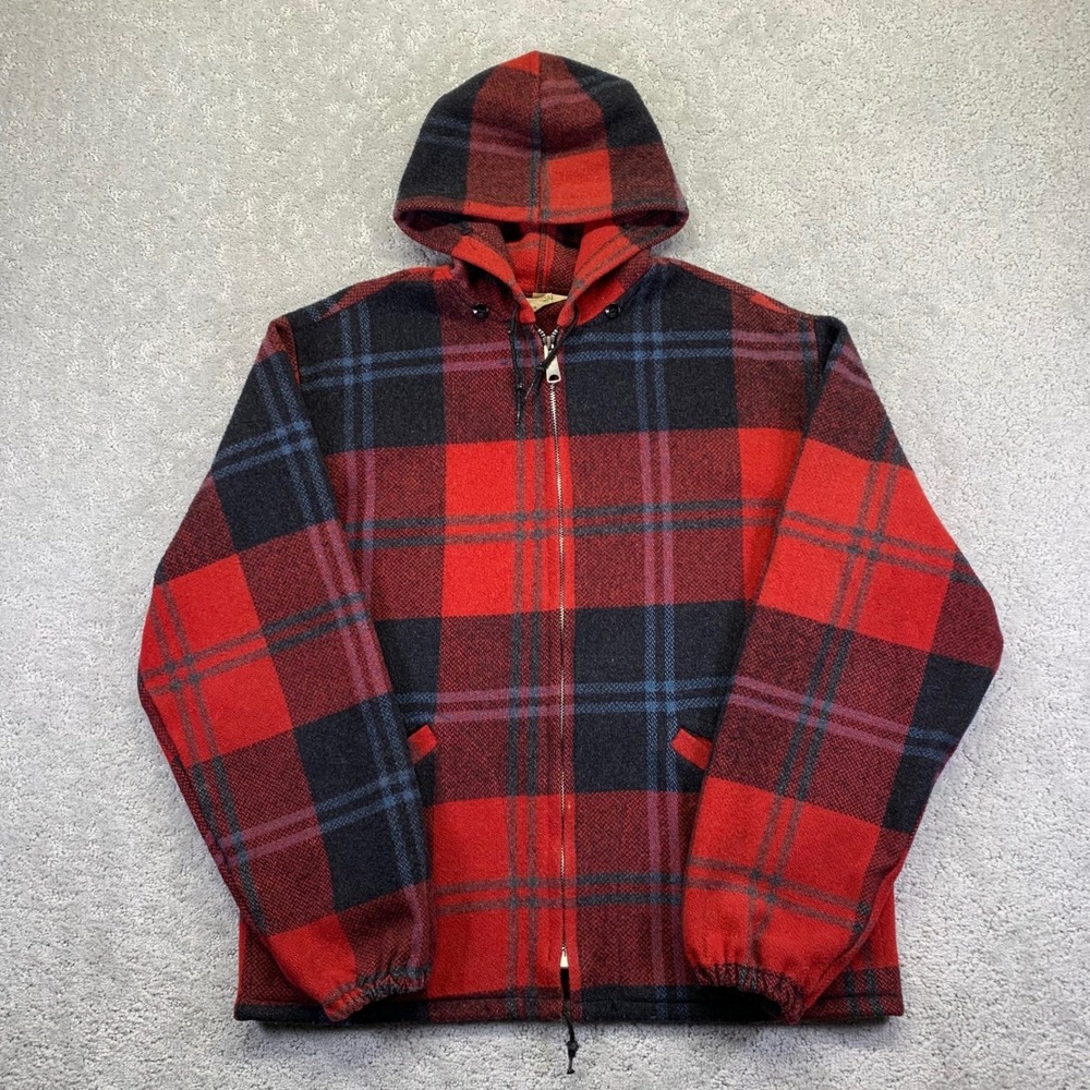 Vintage Pine Crest Jacket Mens Red Black Plaid Wool Blend Hooded Zip Up Talon‎